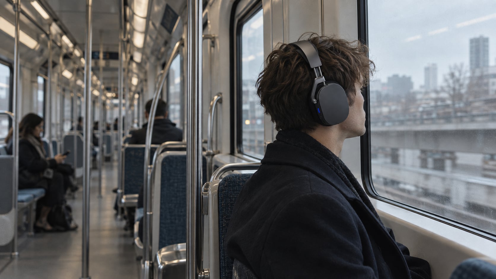 A commuter on a metro train seen from the side, wearing Aura One in Graphite