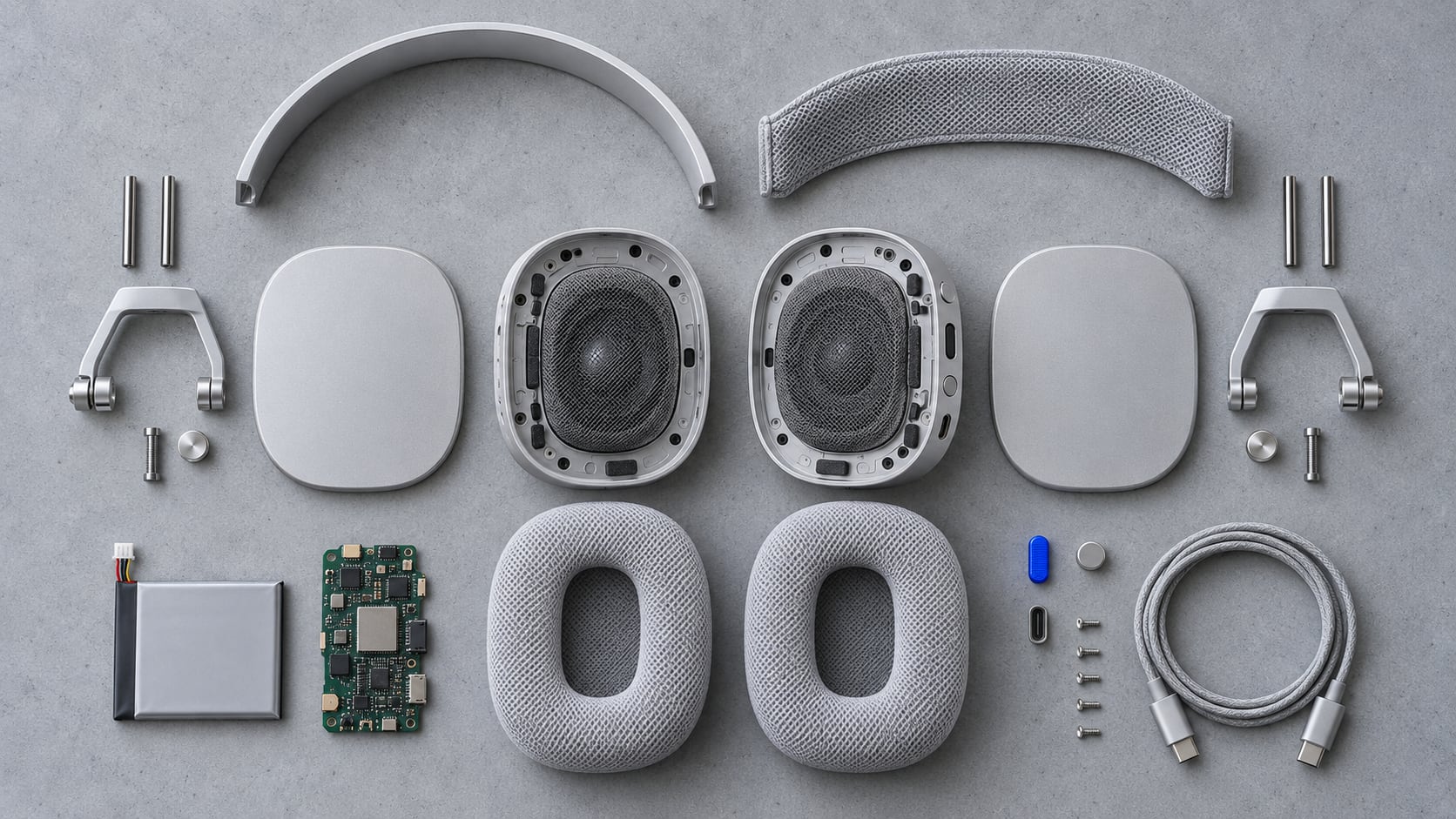 Aura One taken apart and laid out on grey concrete: band, sliders, yokes, cups, drivers, cushions, board and battery